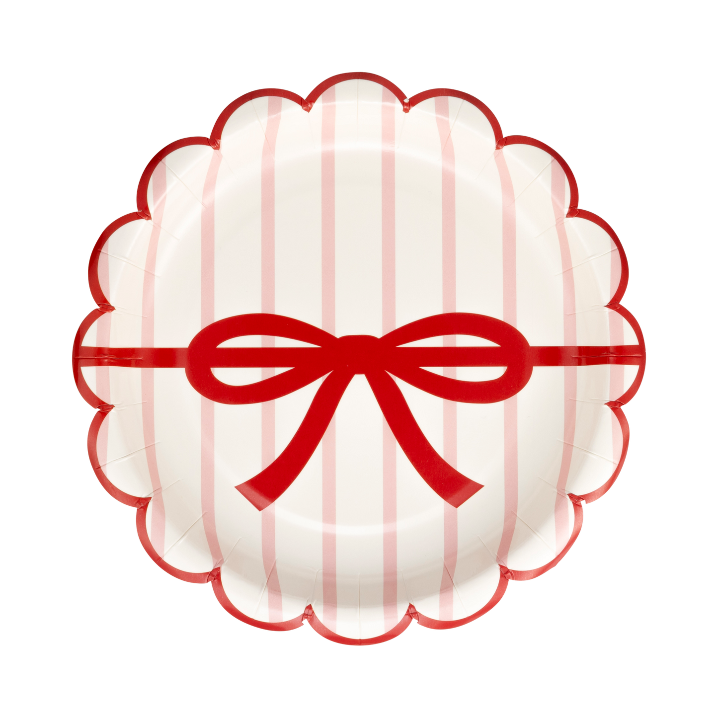 Red & Green Bow Striped Scalloped Paper Plates - 7"