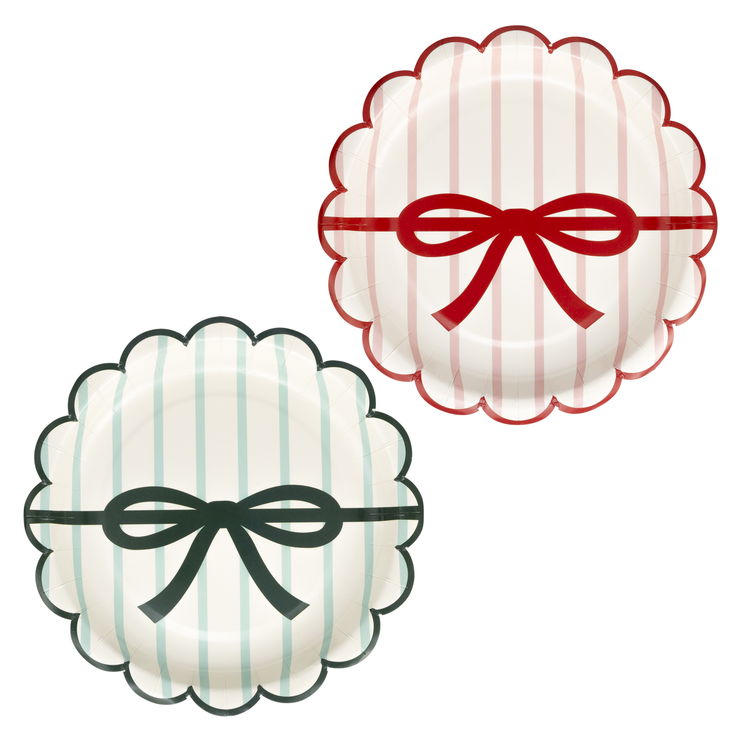 Red & Green Bow Striped Scalloped Paper Plates - 7"