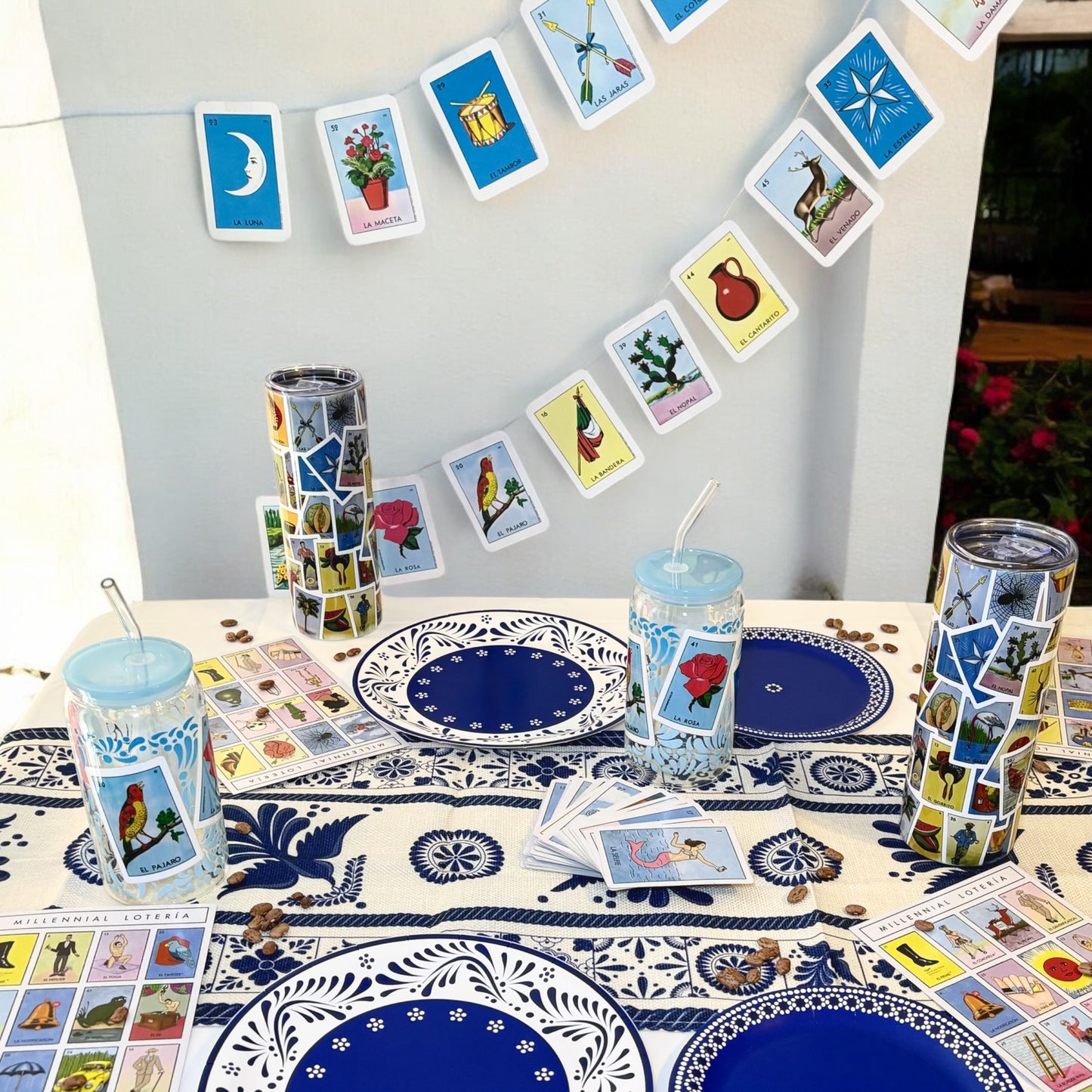Glass Tumbler - Blue Lotería Talavera