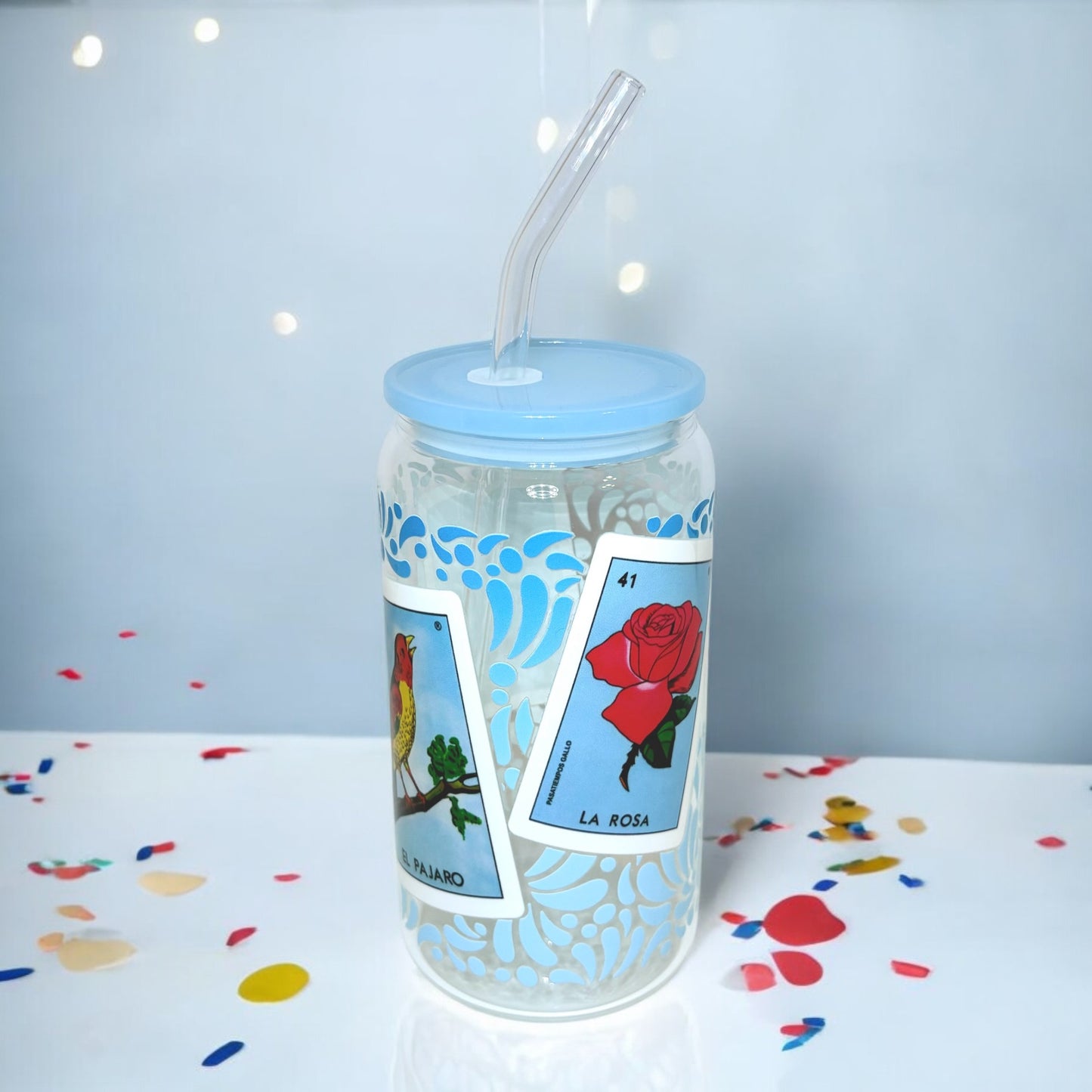 Glass Tumbler - Blue Lotería Talavera