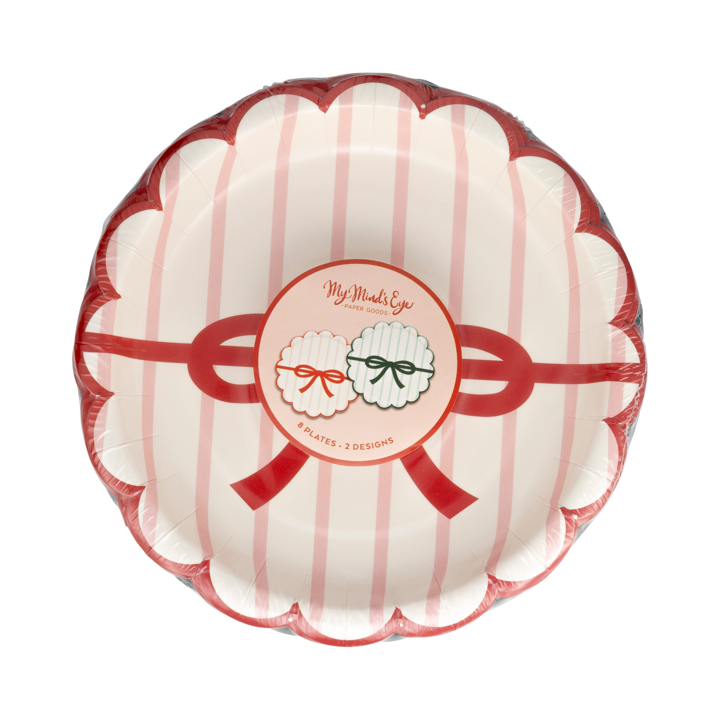 Red and Green Bow Striped Scalloped Paper Plates - 7"