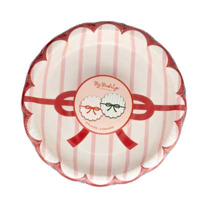 Red and Green Bow Striped Scalloped Paper Plates - 7"